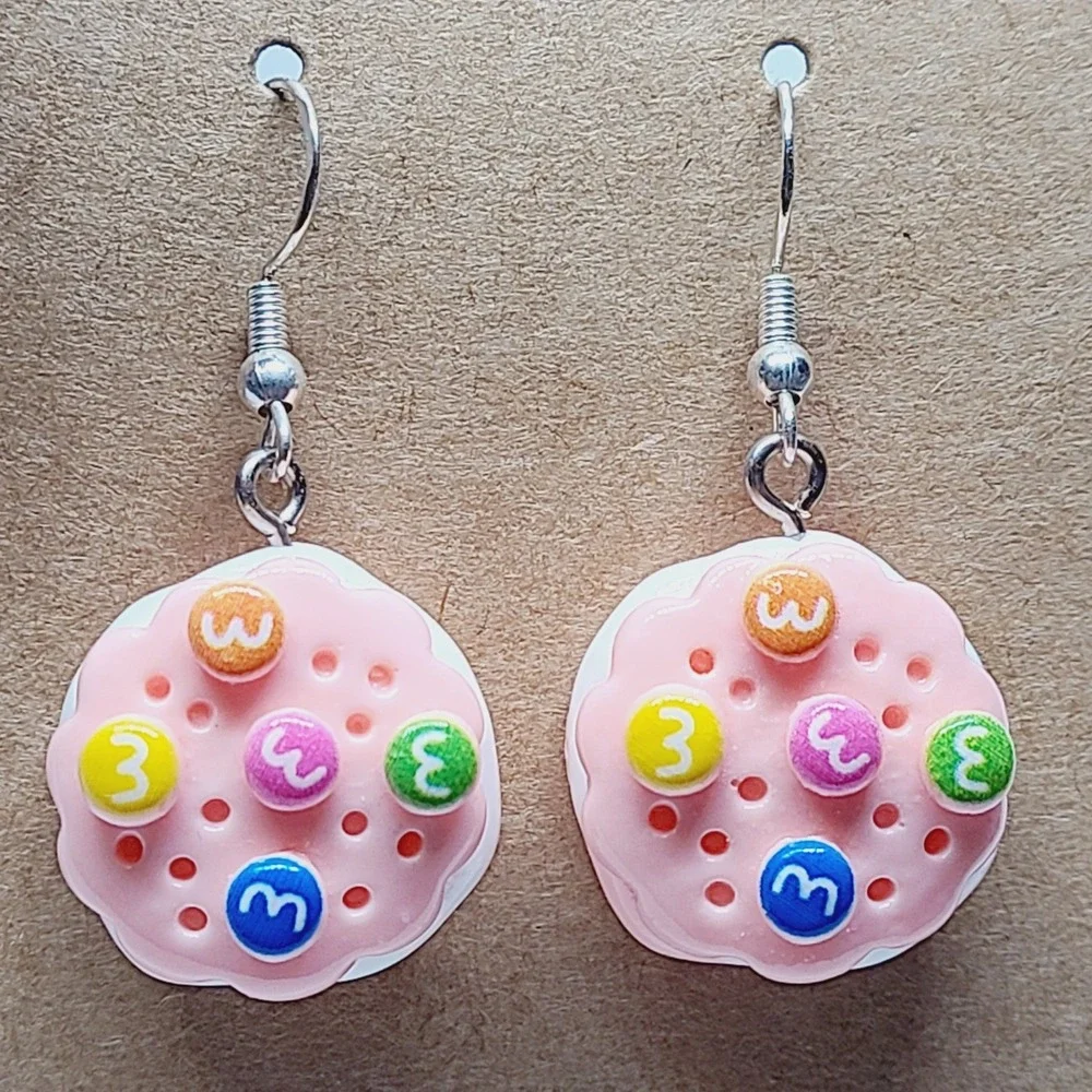 Handmade Pink Sandwich Cookie Drop Earrings Food Jewelry Candy Accents